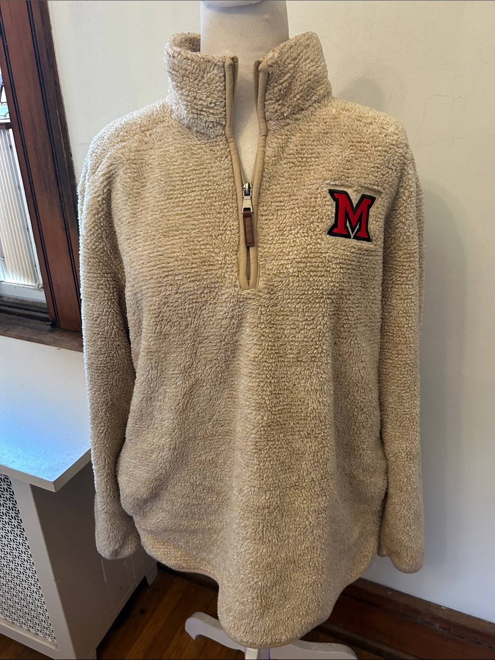 Boxercraft Beige Quarter-Zip Sherpa Pullover with Red 'M' Miami Size S EUC